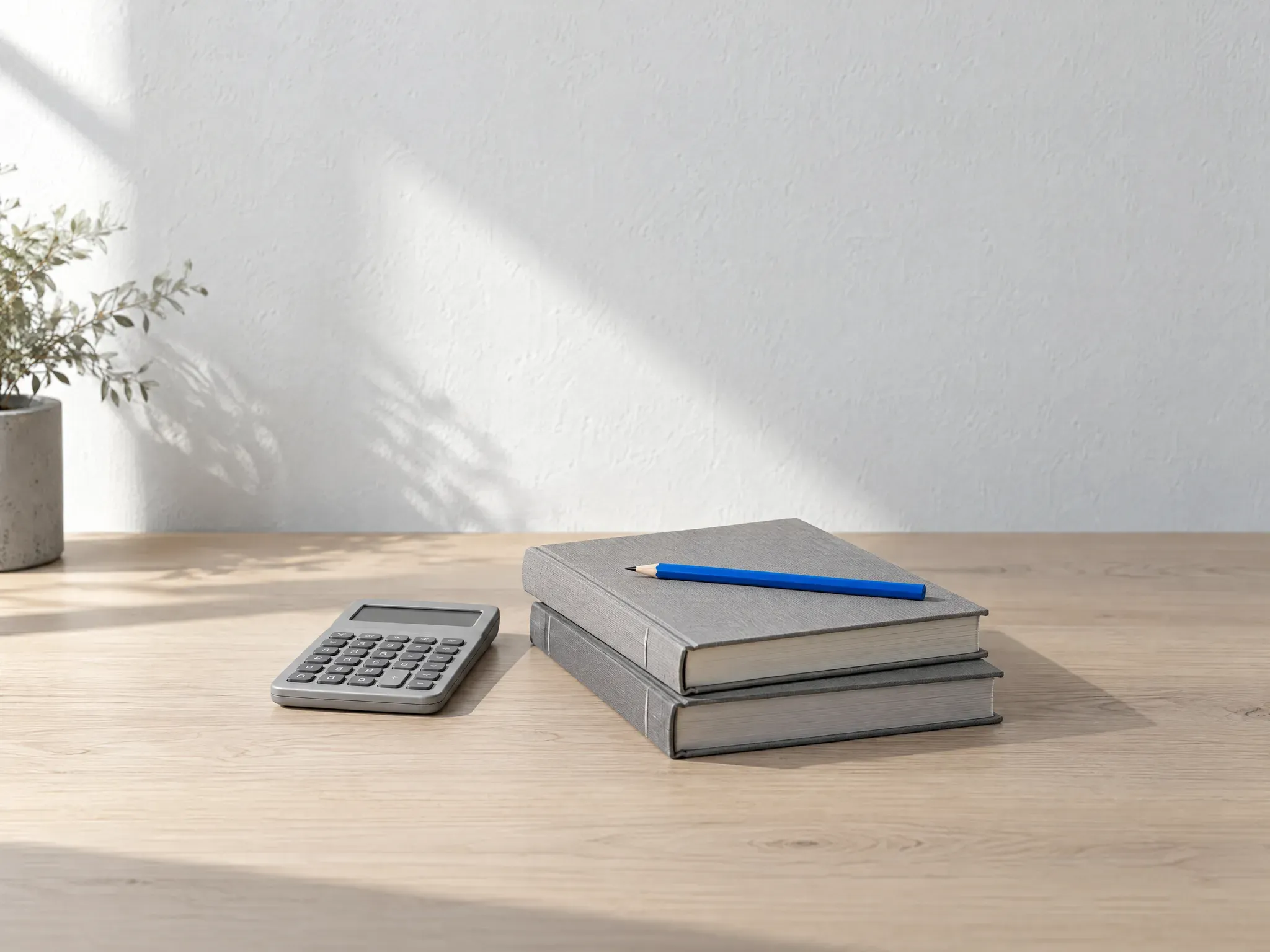 A tidy accountant's desk with a grey desk calculator, a stack of plain ledgers and one blue pencil