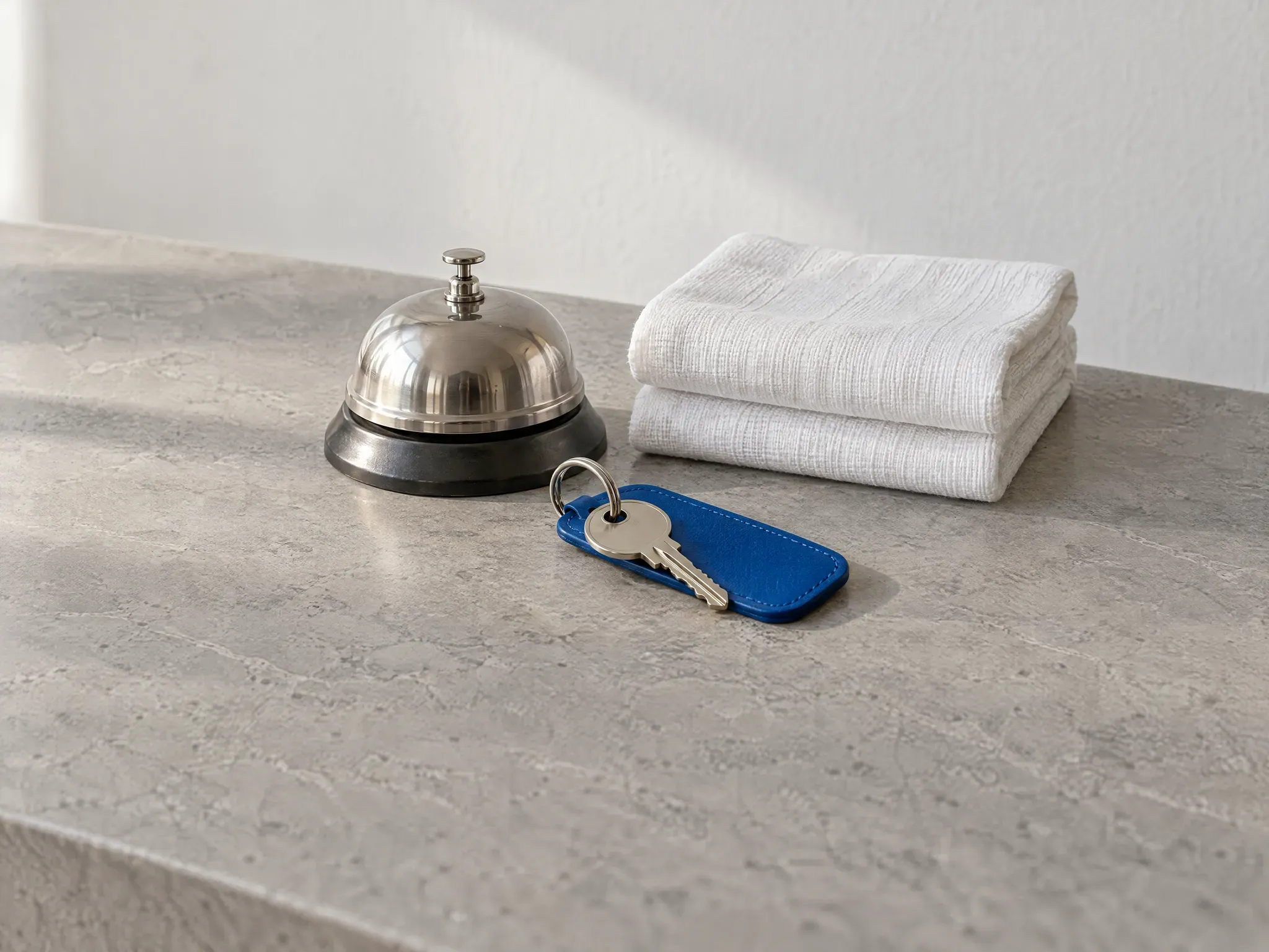 A hotel reception desk in pale stone with a steel service bell, folded white towels and a room key on a blue fob