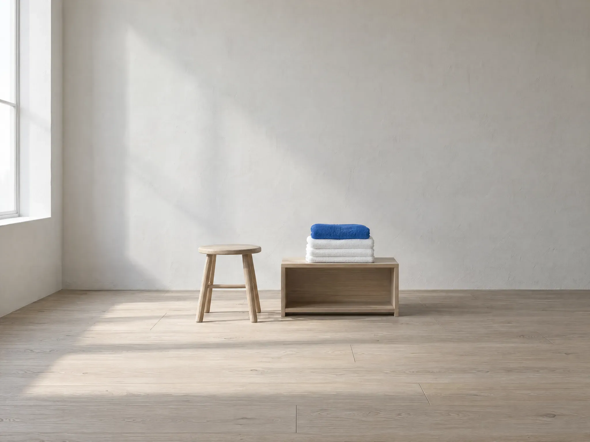 A calm treatment room with a pale wooden stool and a stack of white towels with one blue towel on top